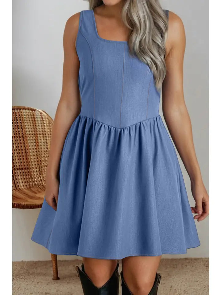 Square Neck Denim Bow Dress