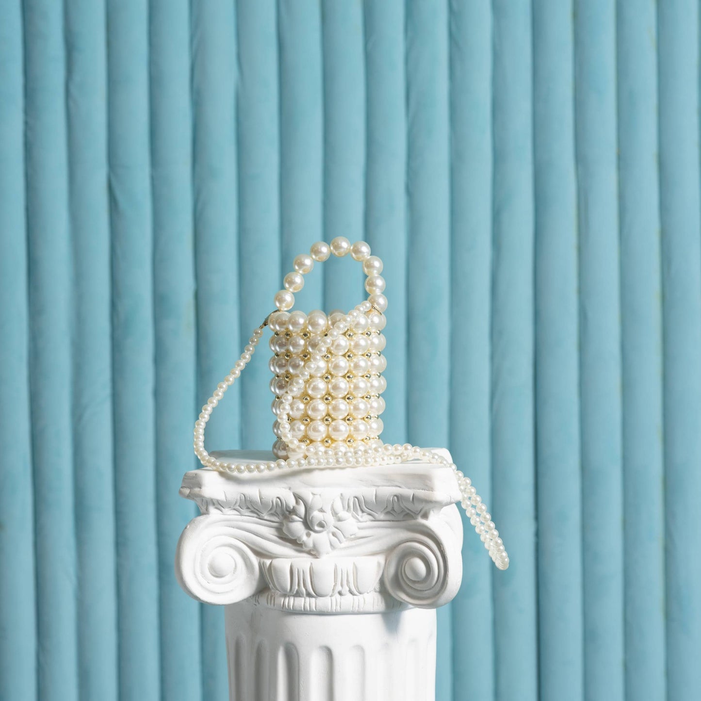 PANDORA Faux Pearl Top Handle Bucket Bag with Beaded Chain
