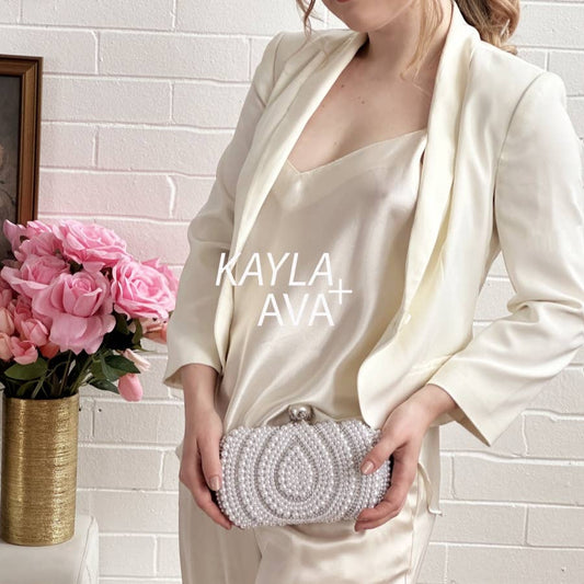 PRISCILLA Opal Shape Pearl Embellished Evening Bag, Clutch