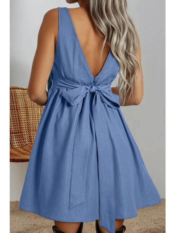 Square Neck Denim Bow Dress