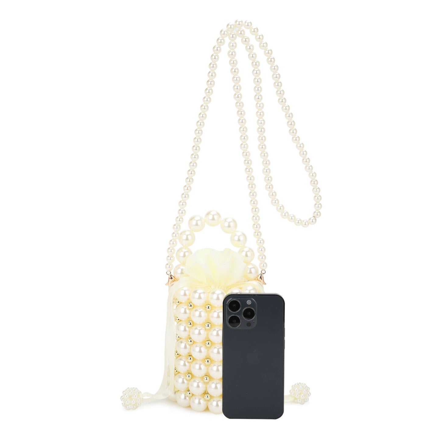 PANDORA Faux Pearl Top Handle Bucket Bag with Beaded Chain