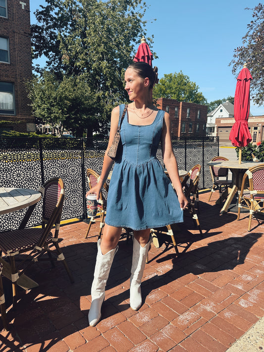 Square Neck Denim Bow Dress