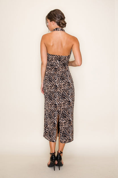 Leopard Print Halter Midi Dress