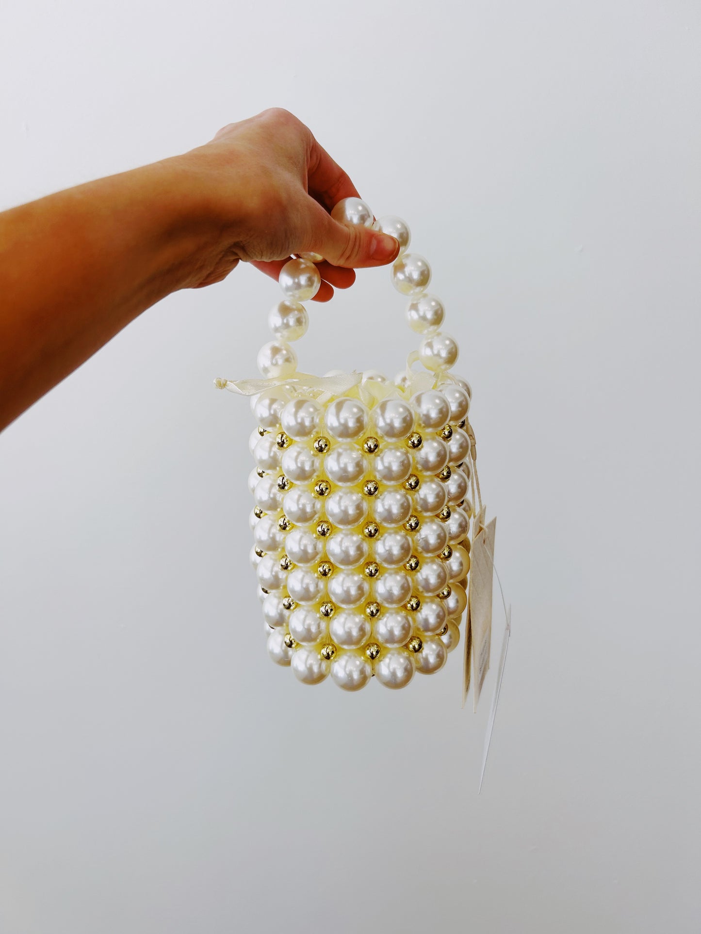 PANDORA Faux Pearl Top Handle Bucket Bag with Beaded Chain