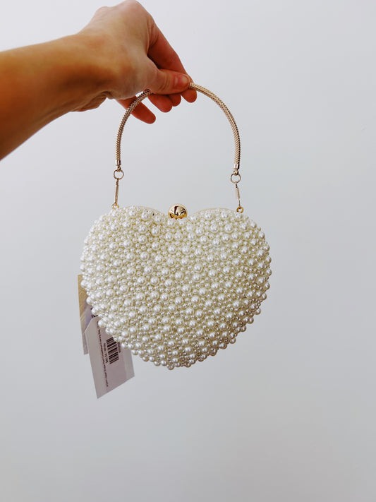 POPPY Heart Shape Pearl Embellished Evening Bag, Clutch