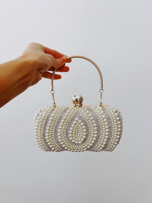 PRISCILLA Opal Shape Pearl Embellished Evening Bag, Clutch