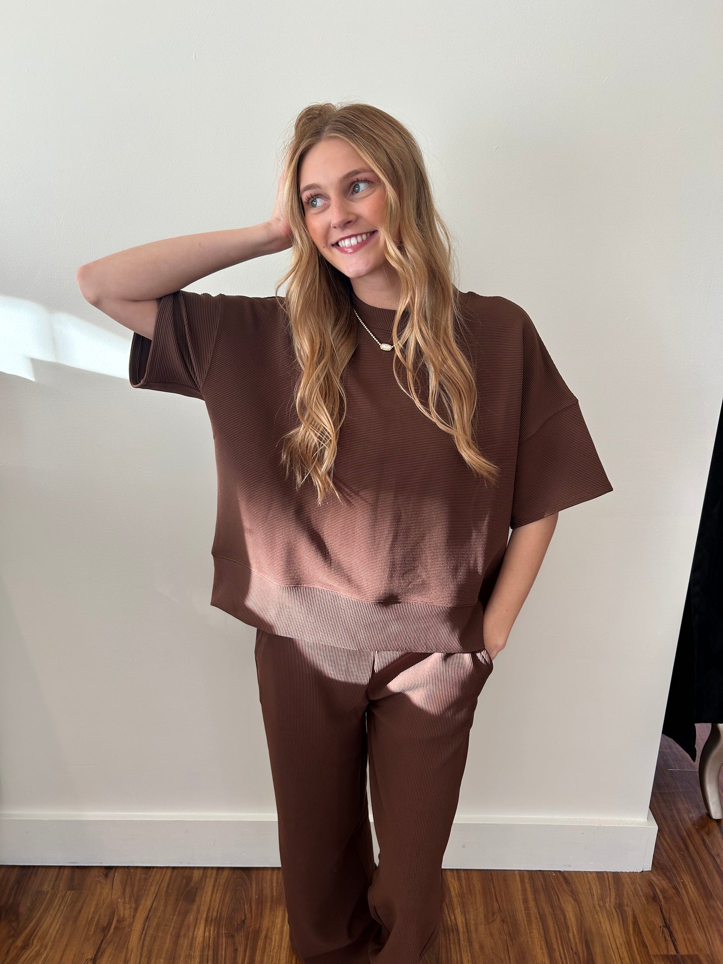 Ribbed Round Neck Tee & Pants Set