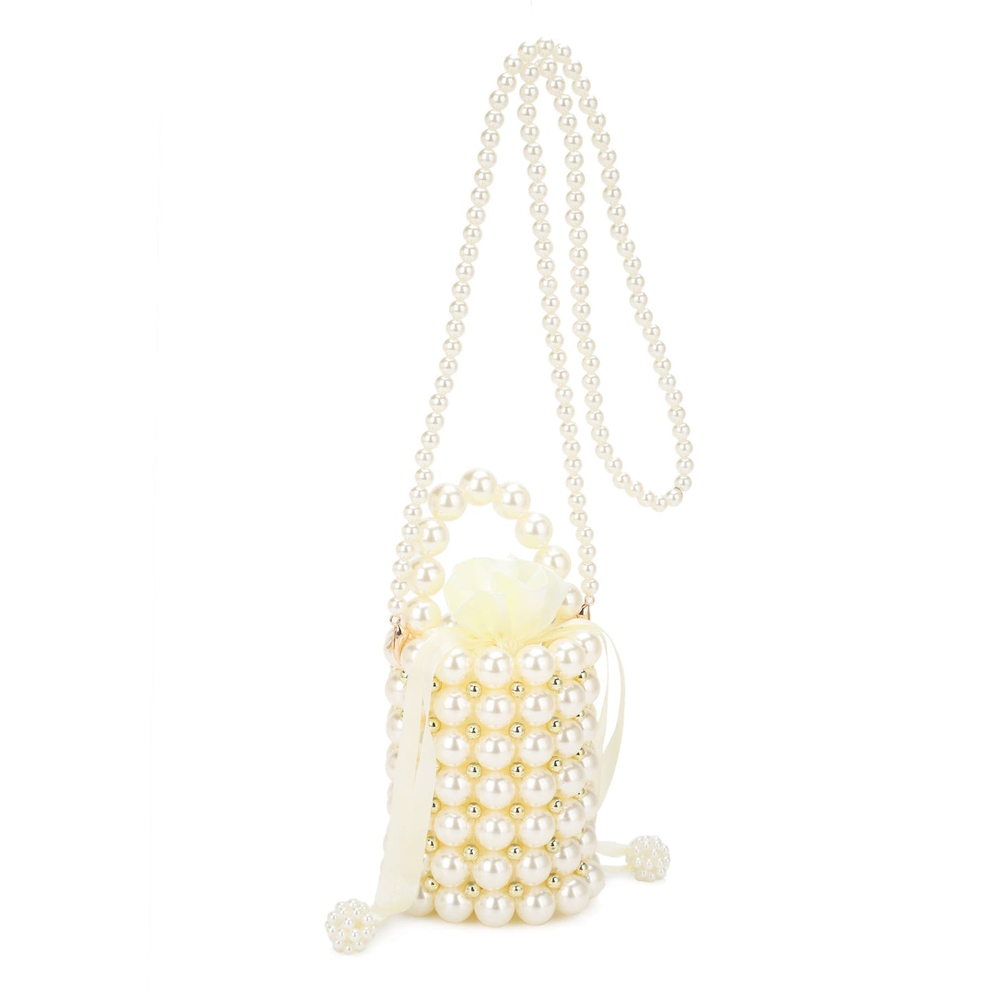 PANDORA Faux Pearl Top Handle Bucket Bag with Beaded Chain