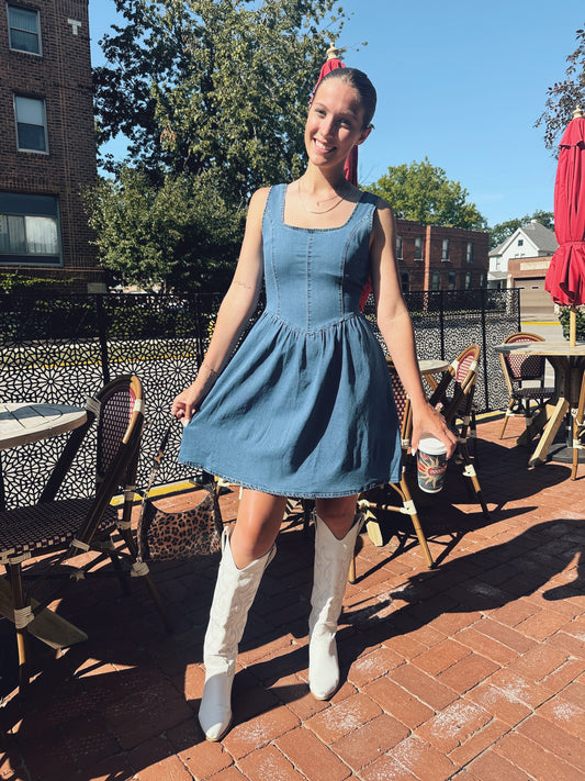 Square Neck Denim Bow Dress