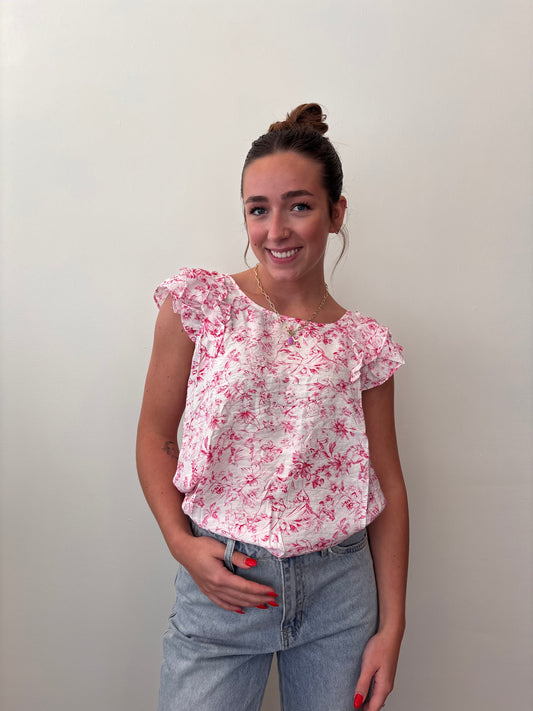 Pink Floral Ruffled Short Sleeve
