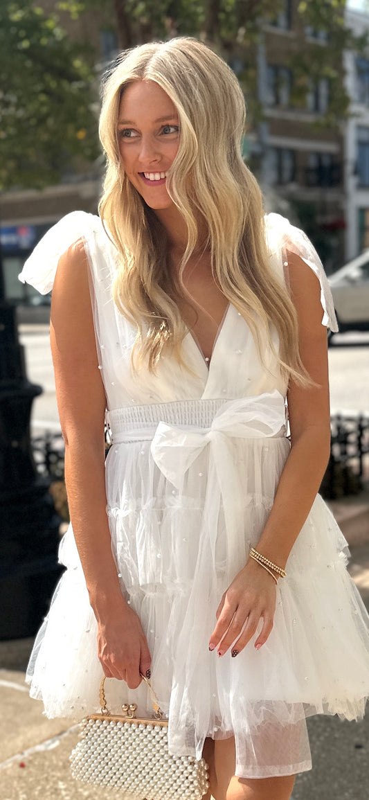 Pearl Stud Mesh Tiered Mini Dress