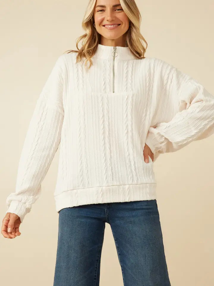 Cable Knit Long Sleeve Mock Neck Half Zip